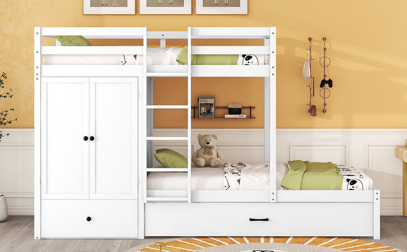 Twin-over-twin Bunk Bed with Wardrobe, Drawers and Shelves, White