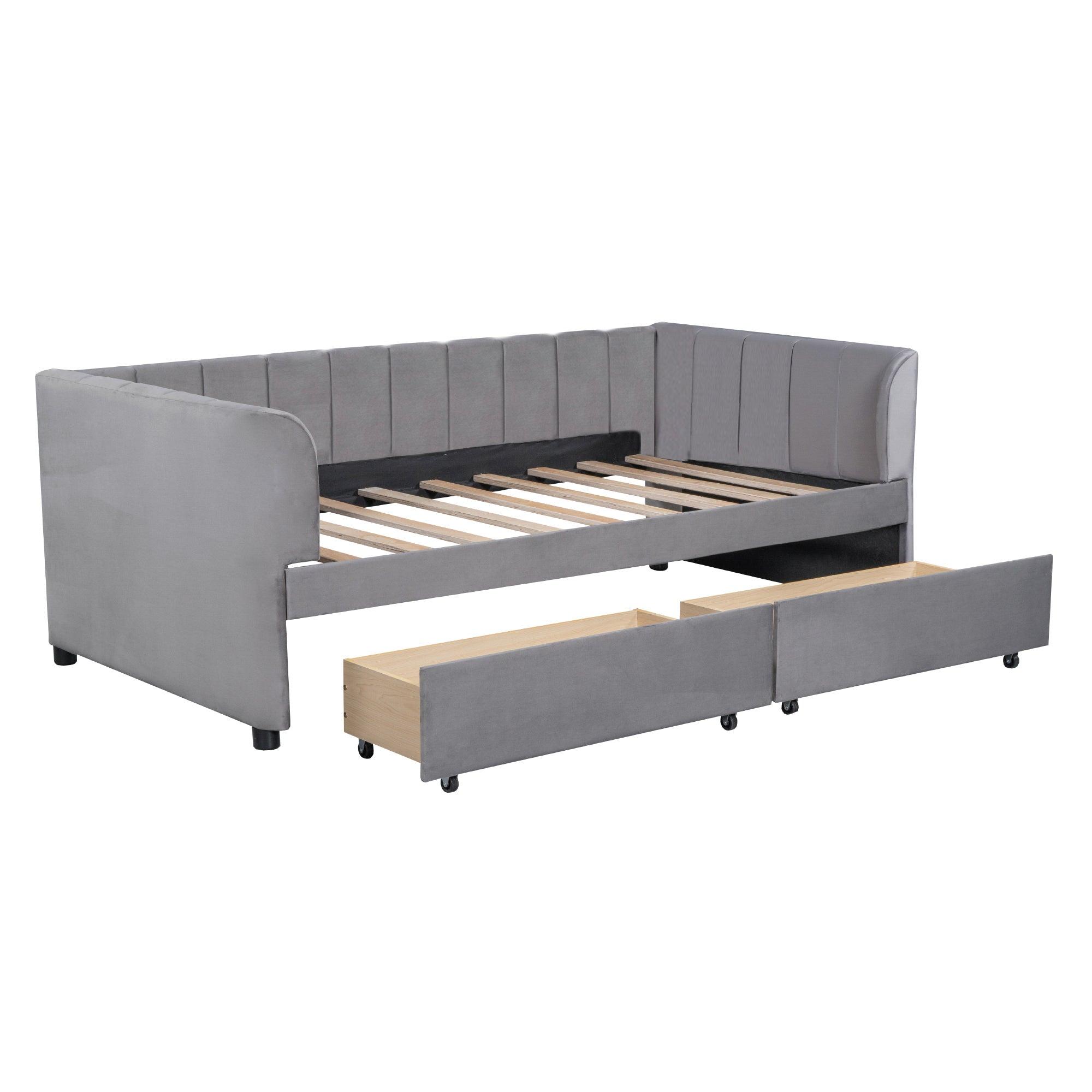 Twin Size Upholstered Daybed with Ergonomic Design Backrest and 2 Drawers, Gray - Atlantic Fine Furniture Melbourne FL