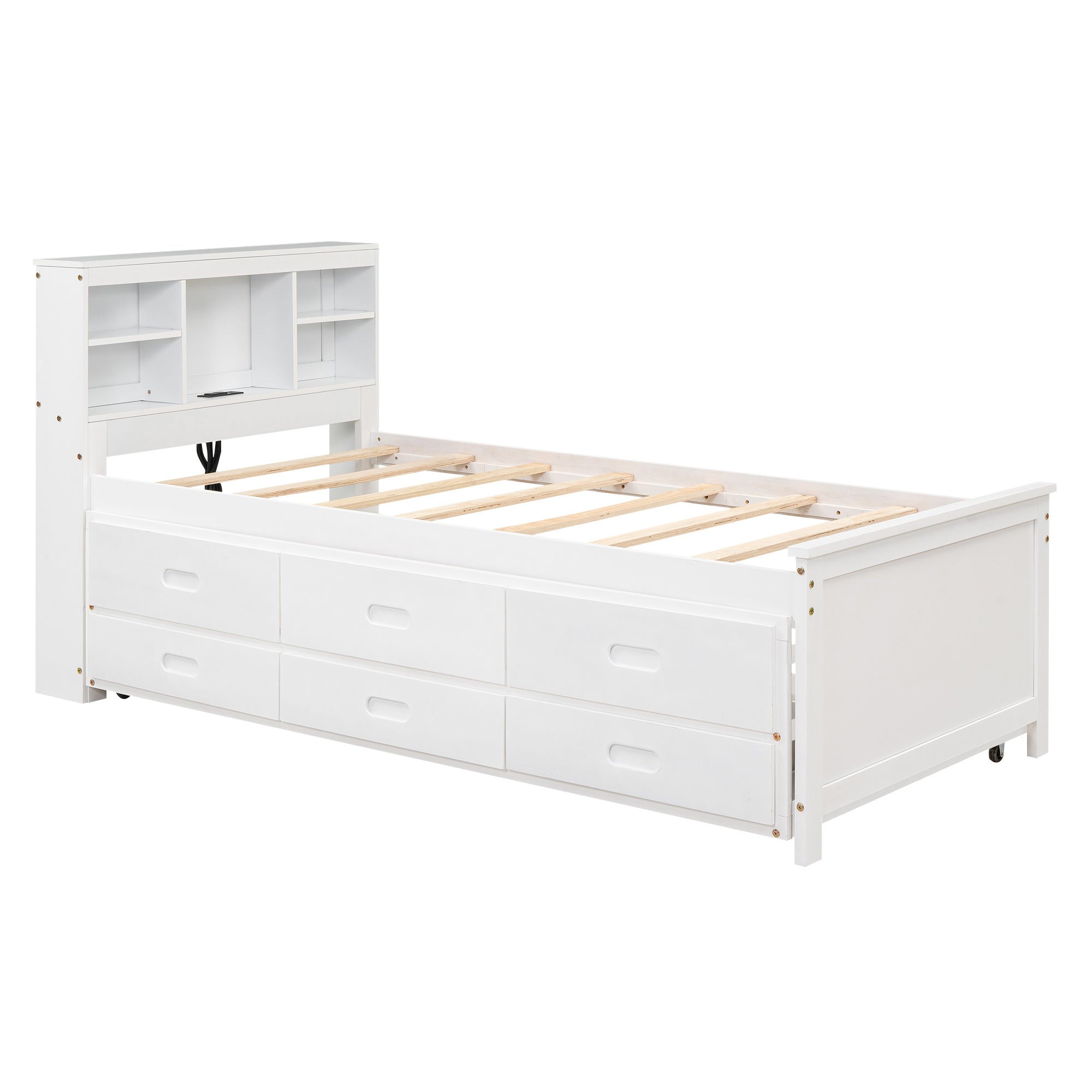 Twin Size Platform Bed with Storage Headboard, USB, Twin Size Trundle and 3 Drawers, White - Atlantic Fine Furniture Melbourne FL
