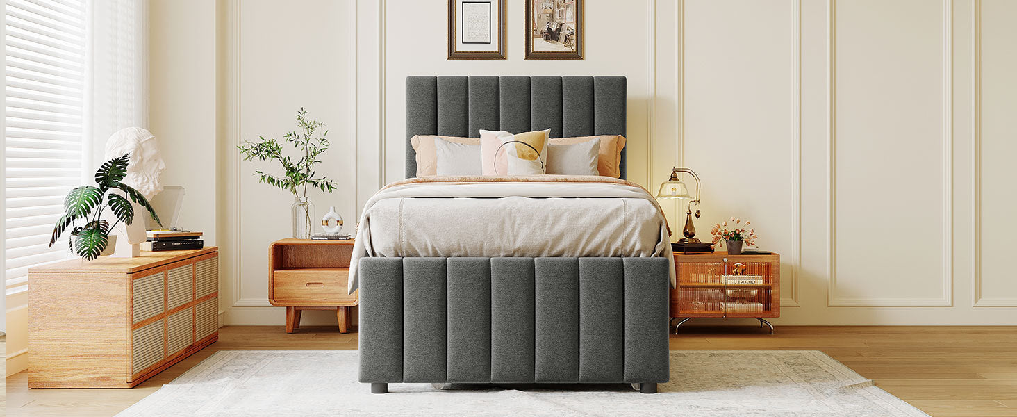 Twin Size Upholstered Platform Bed with Trundle and 3 Drawers, Linen Fabric, Gray - Atlantic Fine Furniture Melbourne FL