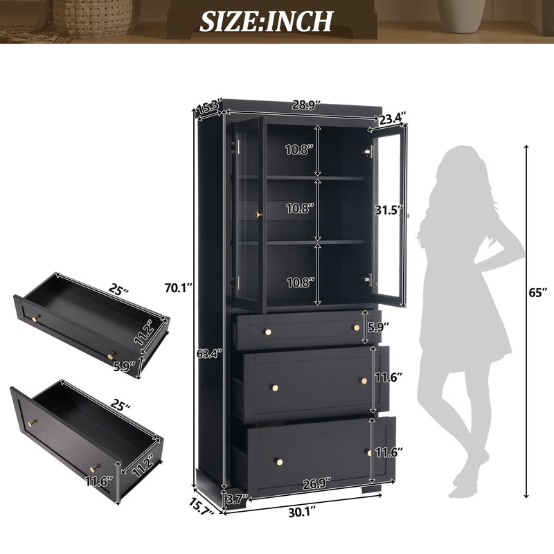 Freestanding Tall Bathroom Cabinet With Adjustable Shelves, Drawers, Soft Close Glass Doors - Black