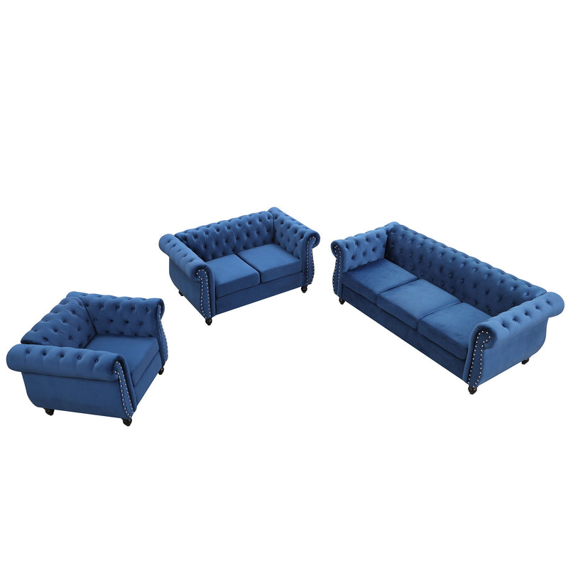 Modern Three Piece Sofa Set With Solid Wood Legs, Buttoned Tufted Backrest - Frosted Velvet Upholstered Sofa Set Including Three Seater Sofa, Double Seater And Living Room Furniture Set Single Chair