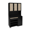 Kitchen Pantry Storage Cabinet, Modern Buffet Cabinet With Kitchen Cart, Tall Kitchen Hutch Cabinet With Microwave Stand, Food Pantry Cabinet With 3 Rattan Doors And Adjustable Shelves - Black