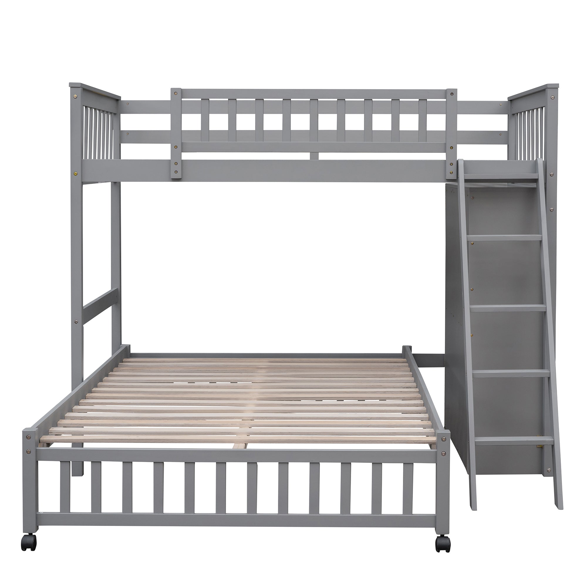 Wooden Twin Over Full Bunk Bed With Six Drawers And Flexible Shelves,Bottom Bed With Wheels,Gray(OLD SKU:LP000531AAE) - Atlantic Fine Furniture Melbourne FL