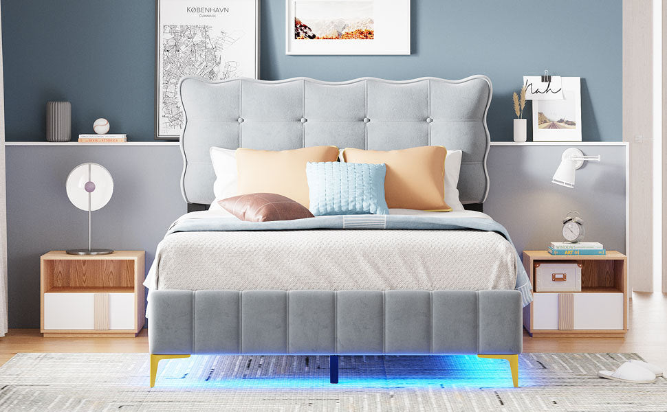 Full Size Velvet Platform Bed with LED Frame and Stylish Mental Bed Legs, Gray - Atlantic Fine Furniture Melbourne FL