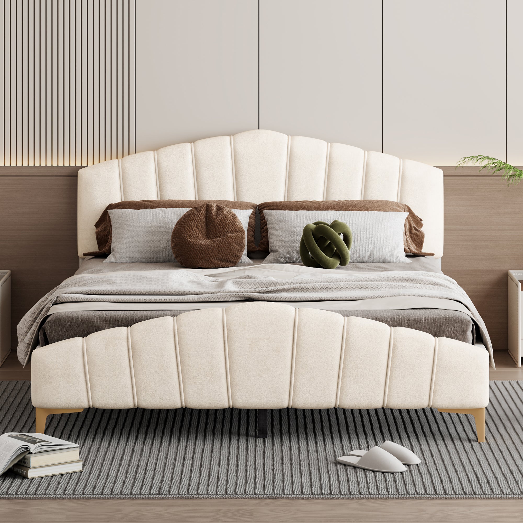 Queen Size Velvet Platform Bed with Thick Fabric, Stylish Stripe Decorated Bedboard and Elegant Metal Bed Leg, Beige - Atlantic Fine Furniture Melbourne FL