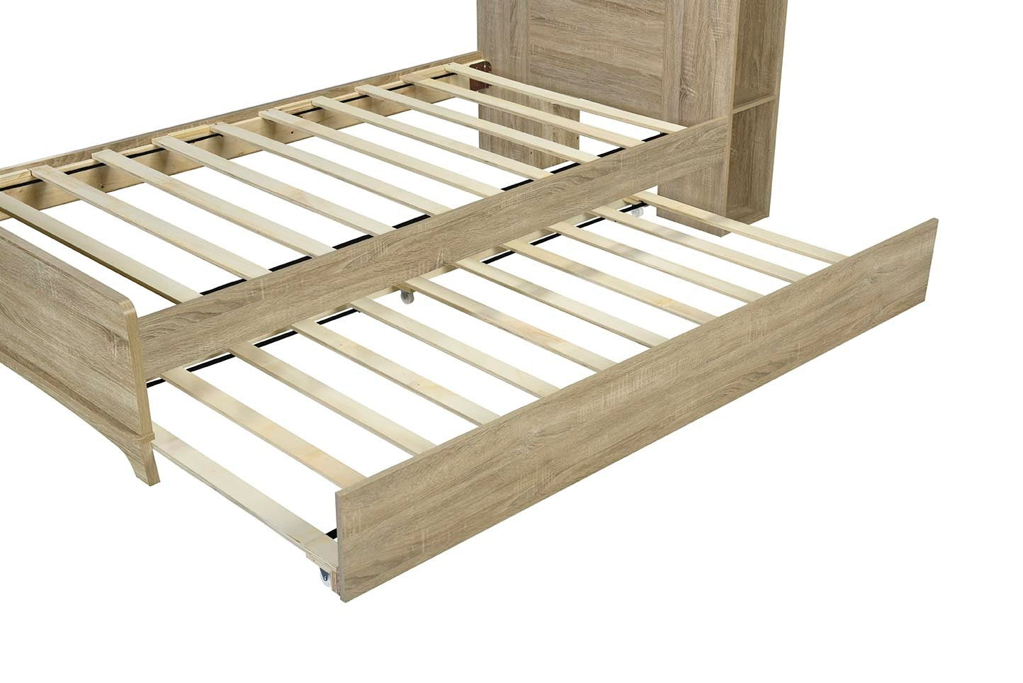 Twin Size Storage Platform Bed Frame with with Trundle and Light Strip Design in Headboard,Natural - Atlantic Fine Furniture Melbourne FL