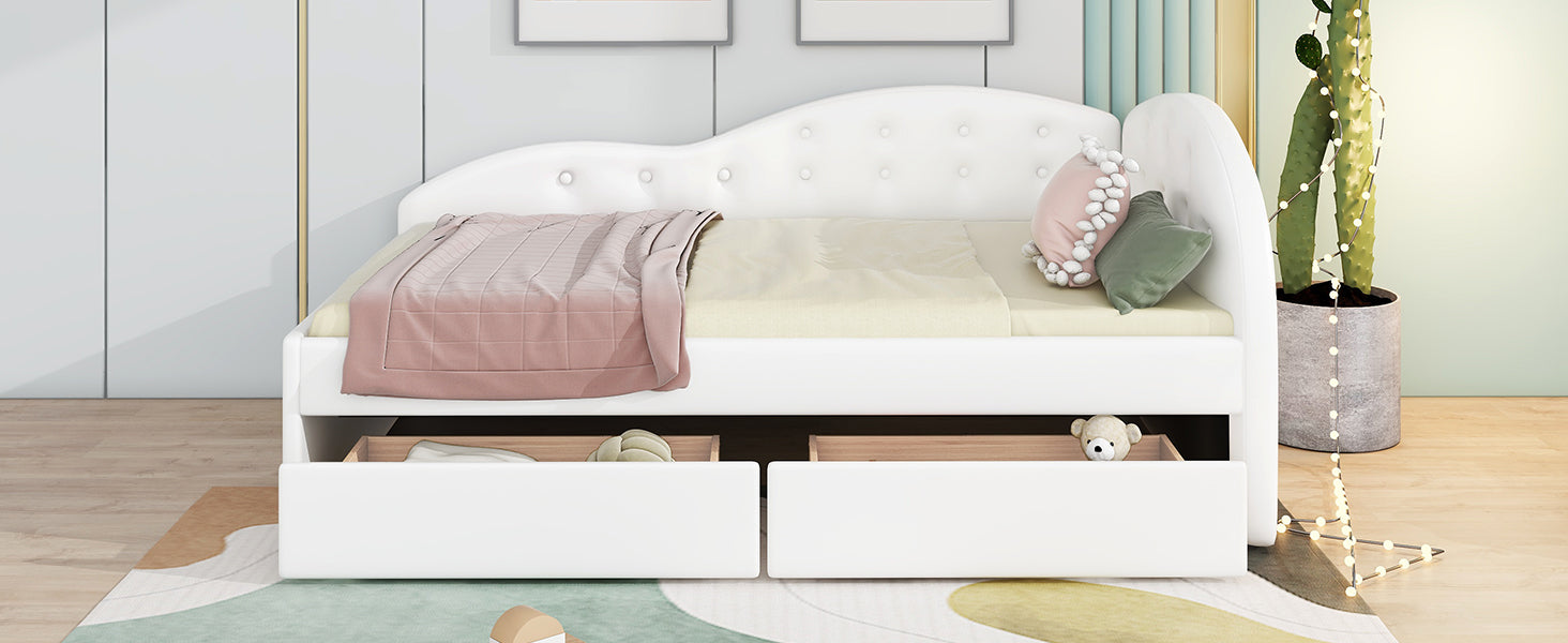 Twin Size PU Upholstered Tufted Daybed with Two Drawers and Cloud Shaped Guardrail, White - Atlantic Fine Furniture Melbourne FL