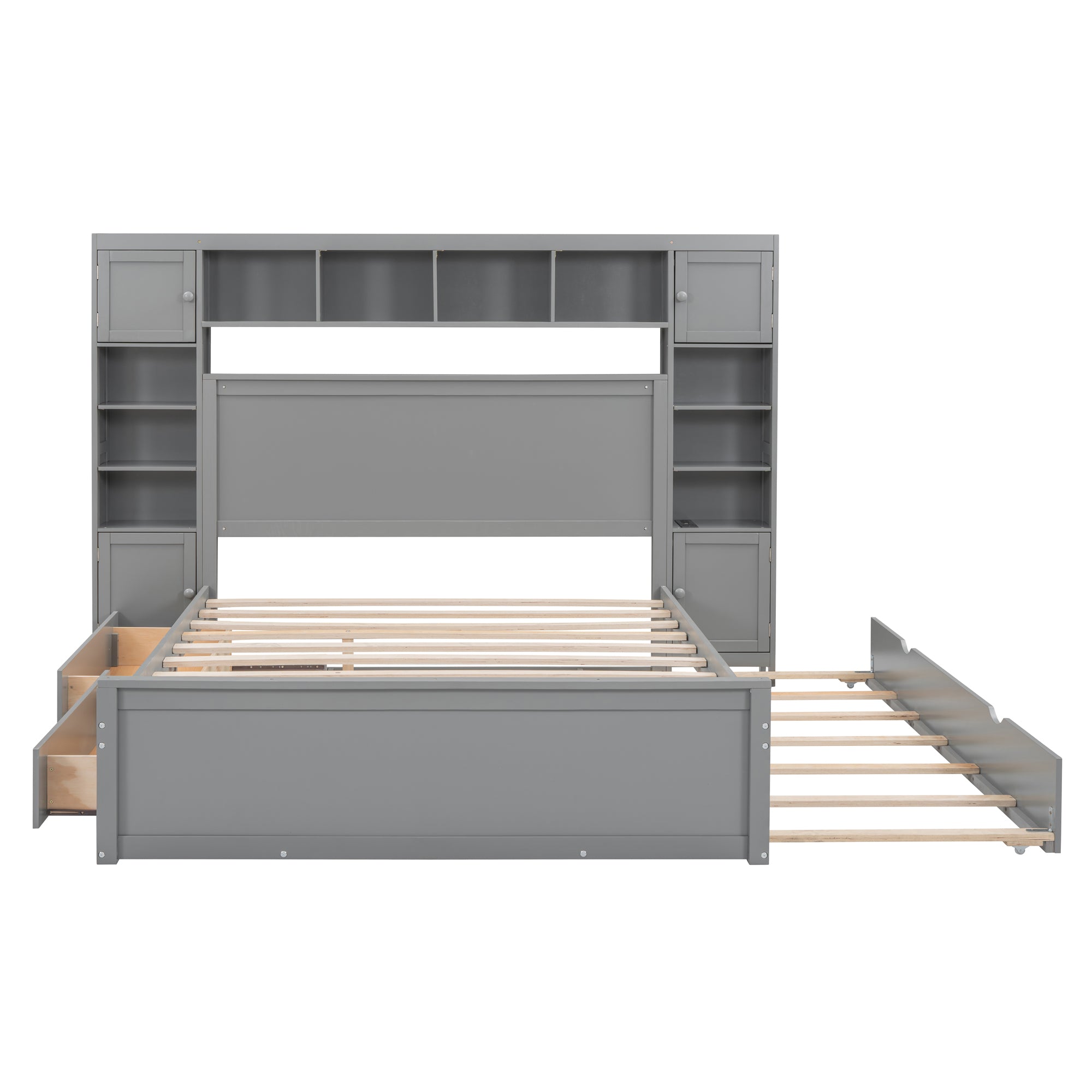 Queen Size Wooden Bed With All-in-One Cabinet, Shelf and Sockets, Gray - Atlantic Fine Furniture Melbourne FL