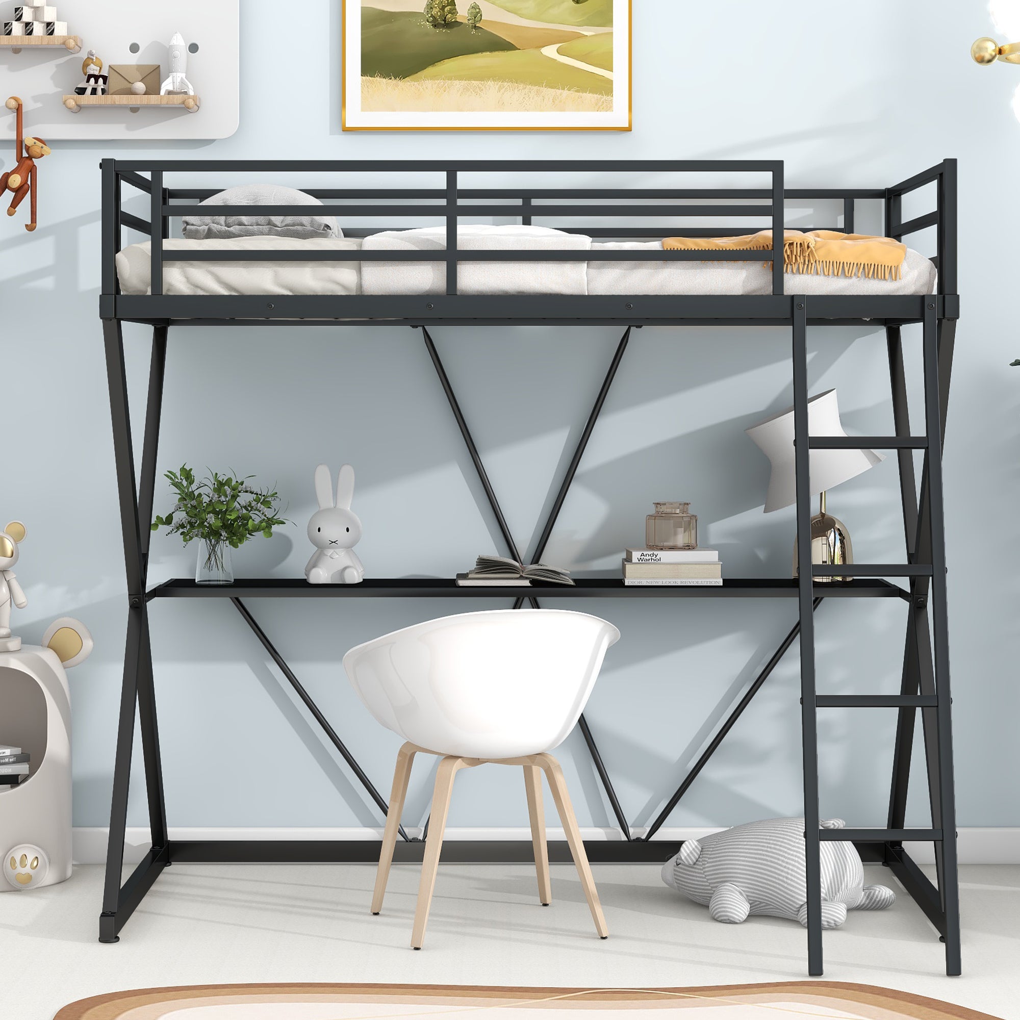 Twin Size Loft Bed with Desk, Ladder and Full-Length Guardrails, X-Shaped Frame, Black(Old SKU: MF297073AAB) - Atlantic Fine Furniture Melbourne FL