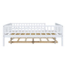 Full Size Wood Daybed with Trundle and Fence Guardrails, White