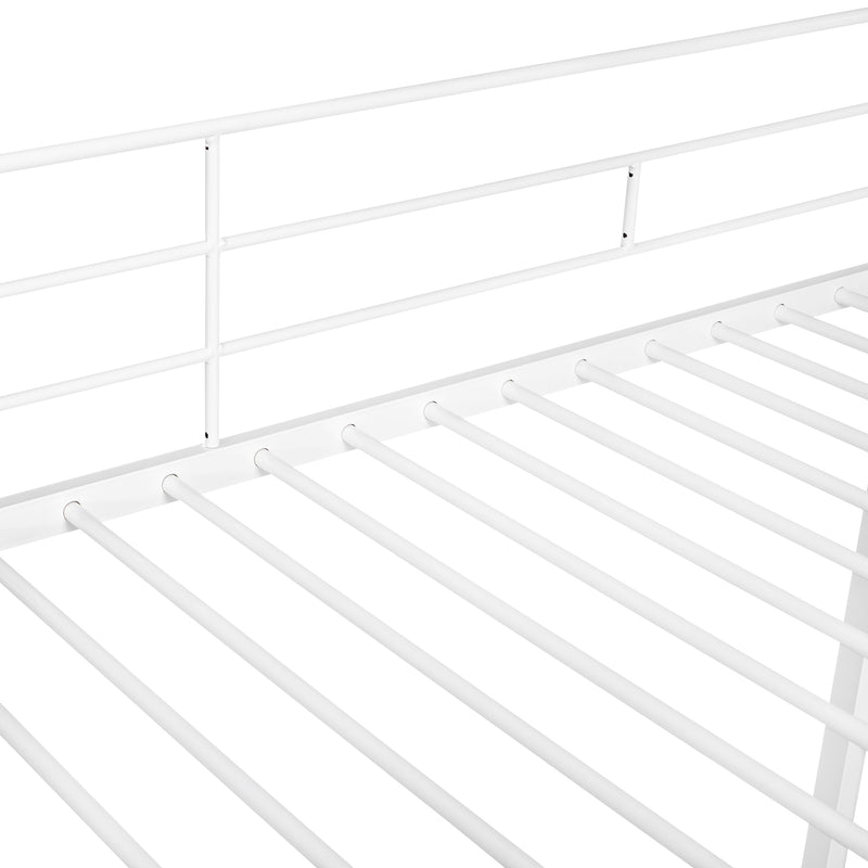 Twin Over Twin Bunk Bed Metal Bed with Half Roof, Guardrail and Ladder White