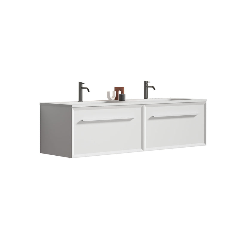 U052-Nevia60W-206 Nevia Bathroom Vanity With Automatic LED Drawer Light, Wall Mounted Bathroom Vanity With Integrated Solid Surface Sink, Without Drain - Snow White