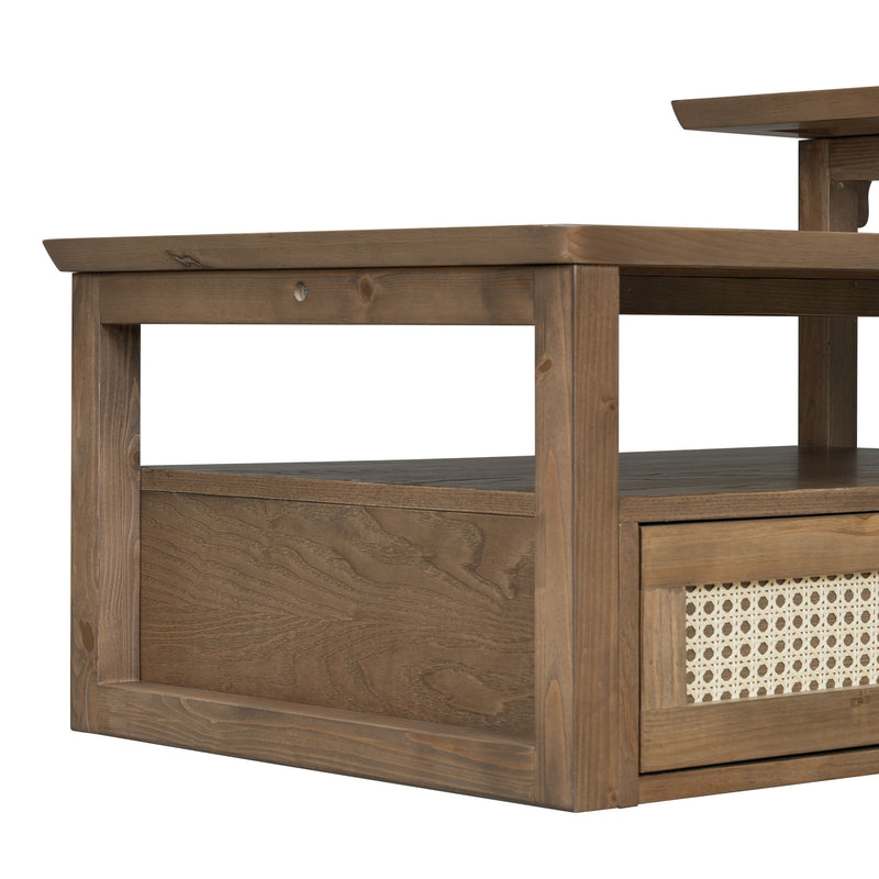 Coffee Table With 1 Storage Shelf, 2 Tabletops And 1 Rattan Drawer
