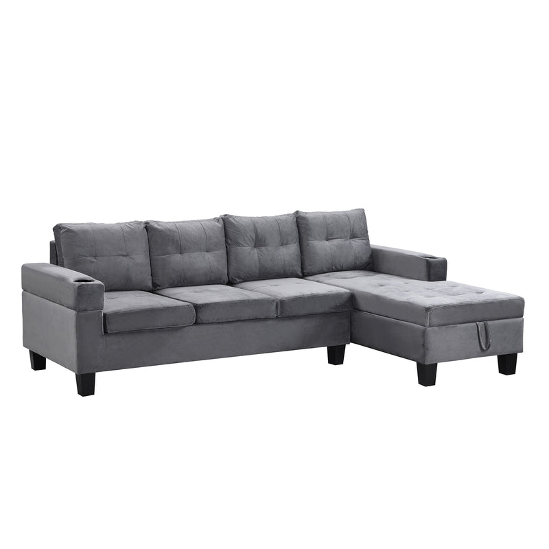 Modern 4 Seat Sectional Sofa With L Shape Right Lounge Storage Chaise, Cup Holder - Gray