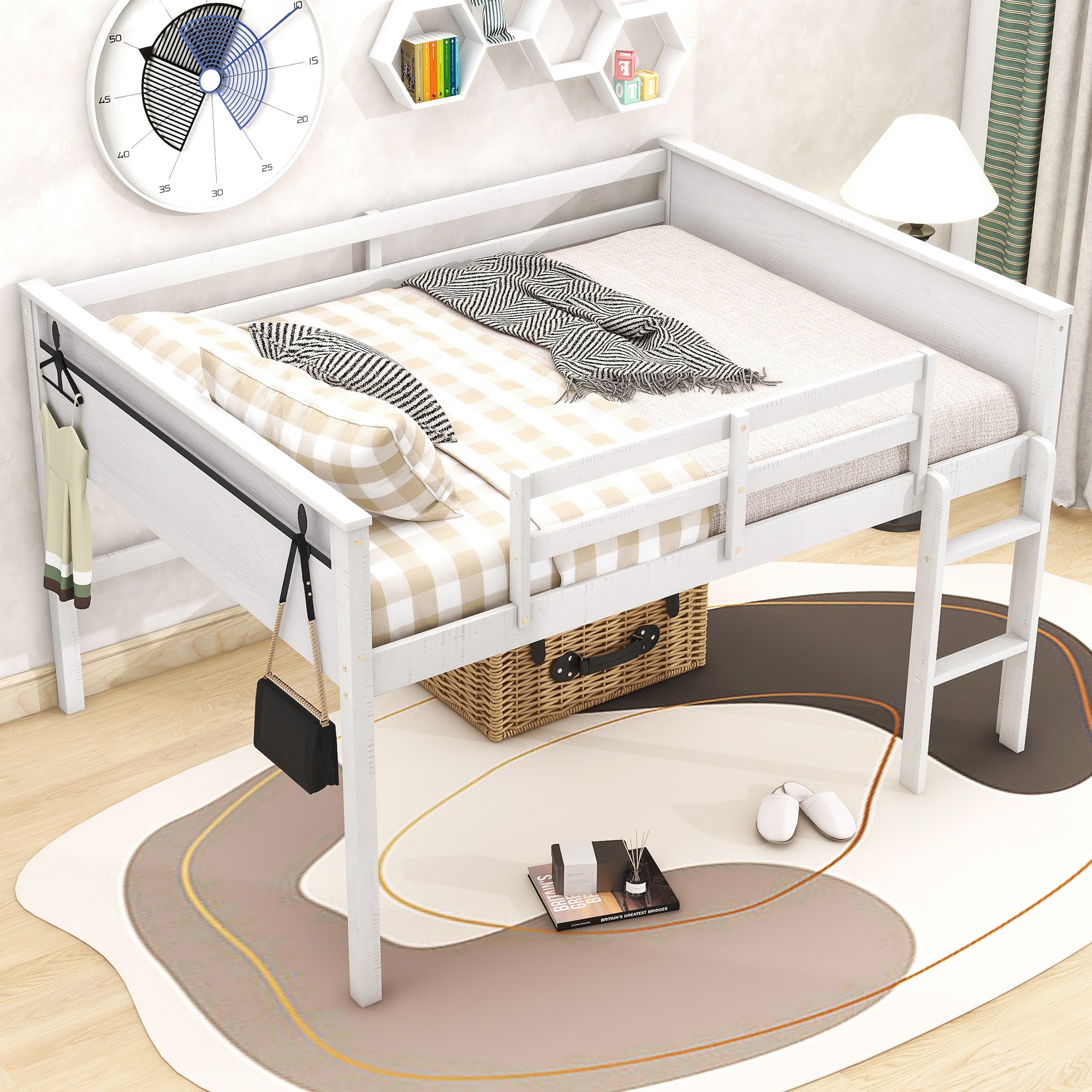 Wood Full Size Loft Bed with Hanging Clothes Racks, White - Atlantic Fine Furniture Melbourne FL