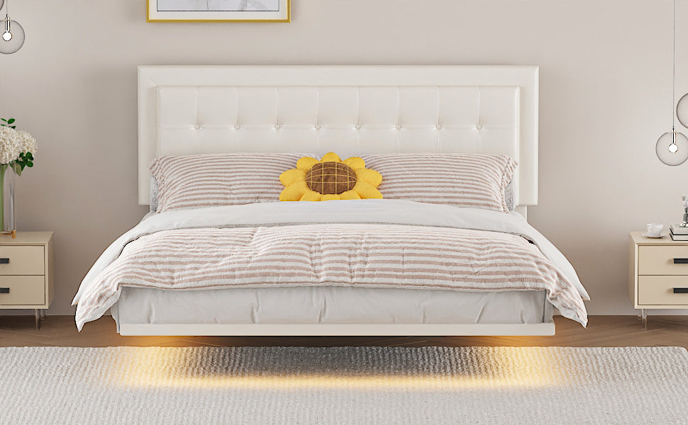 Queen Size Floating Bed Frame with Motion Activated Night Lights,Modern PU Upholstered Button Tufted Platform Bed Frame,White - Atlantic Fine Furniture Melbourne FL