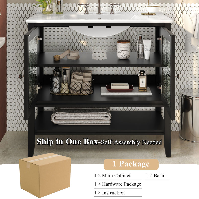 Bathroom Vanity With Ceramic Sink, Adjustable & Open Shelf