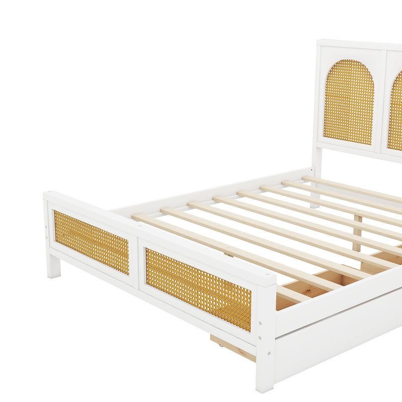 Full Size Wood Storage Platform Bed with 2 Drawers, Rattan Headboard and Footboard, White