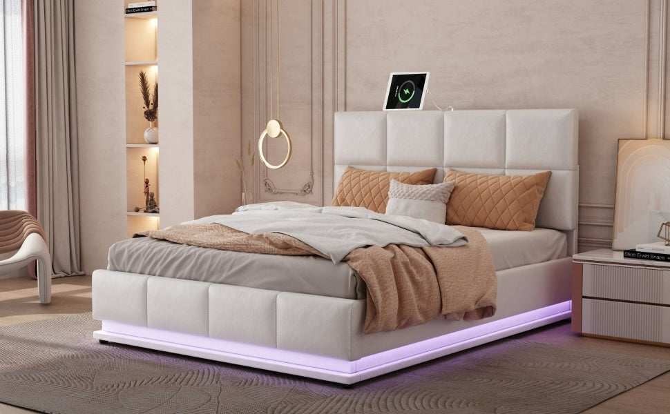 Tufted Upholstered Platform Bed with Hydraulic Storage System,Queen Size PU Storage Bed with LED Lights and USB charger, White