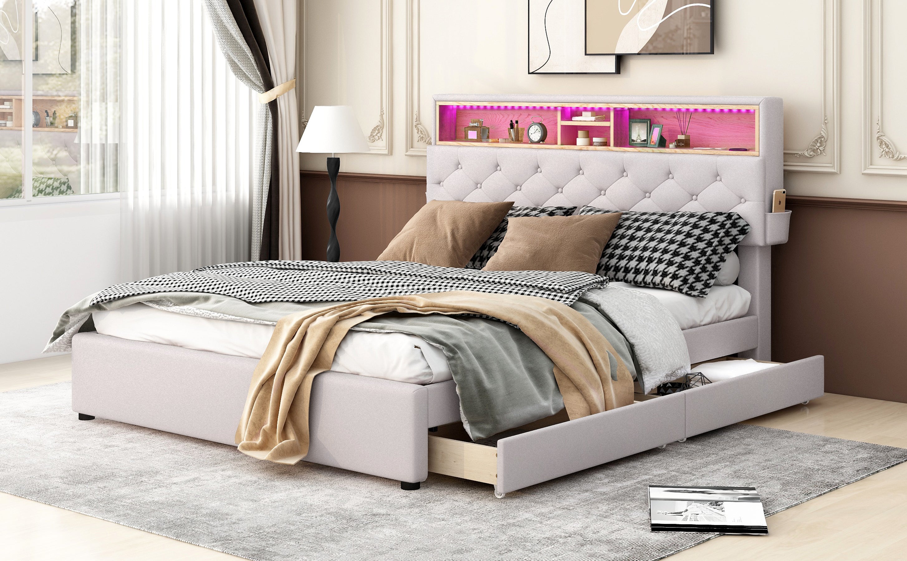 Queen Size Upholstered Platform Bed with Storage Headboard, LED, USB Charging and 2 Drawers, Beige