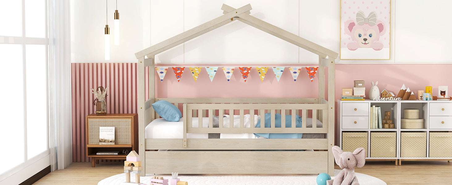 Twin Size Wooden House Bed with Twin Size Trundle, Natural - Atlantic Fine Furniture Melbourne FL
