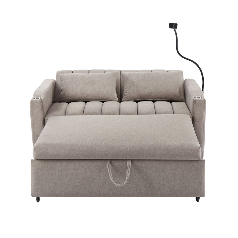 Convertible Sofa Bed Loveseat Sofa With Three USB Ports, Two Side Pockets, Two Cup Holders And 360° swivel Phone Holder For Living Room