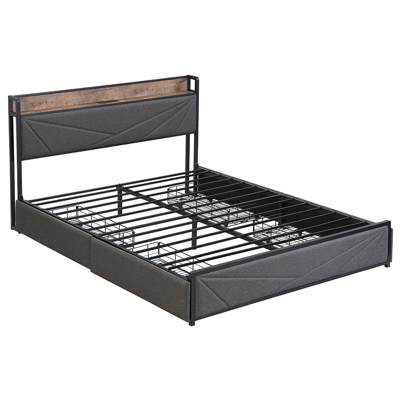 Full Bed Frame, Storage Headboard with Charging Station, Solid and Stable, Noise Free, No Box Spring Needed, Easy Assembly