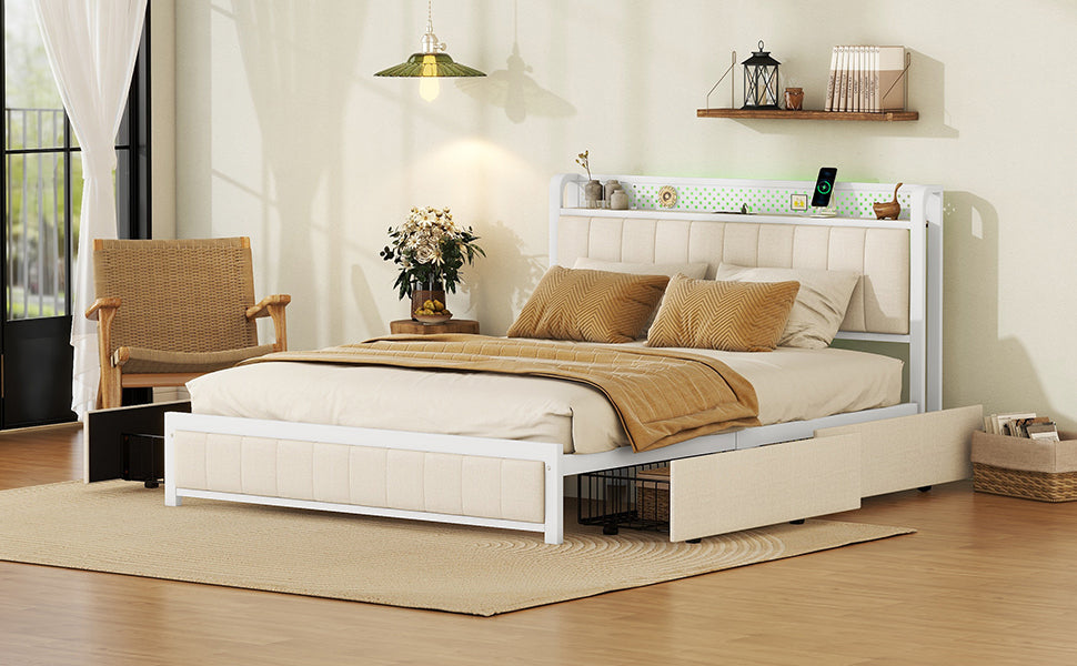 Queen Bed Frame with LED Headboard, Upholstered Bed with 4 Storage Drawers and USB Ports, Beige - Atlantic Fine Furniture Melbourne FL