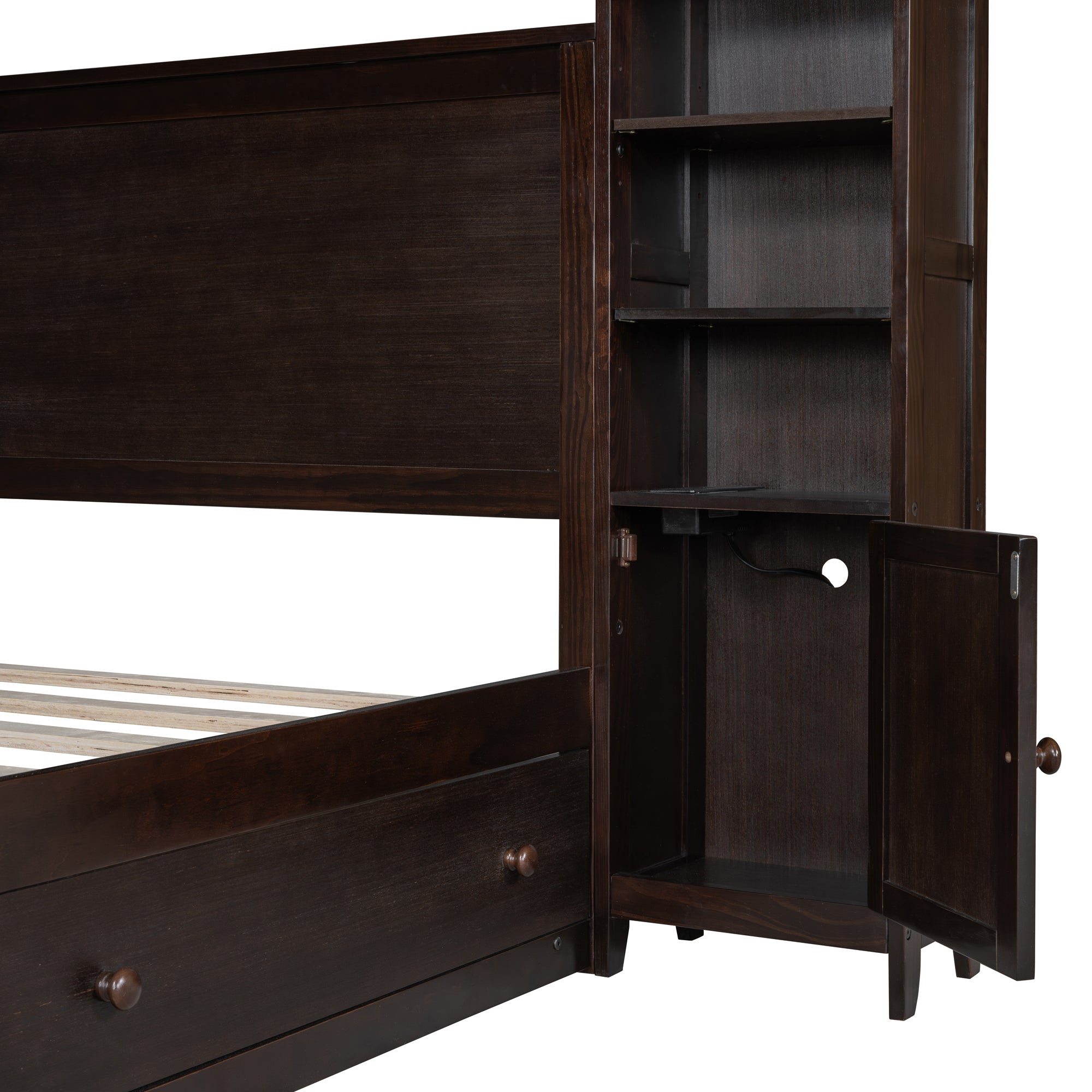 Queen Size Wooden Bed With All-in-One Cabinet, Shelf and Sockets, Espresso - Atlantic Fine Furniture Melbourne FL