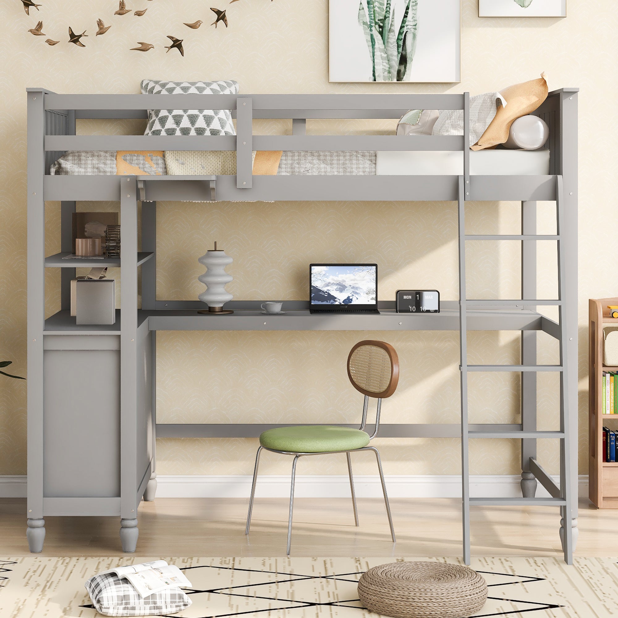 Twin size Loft Bed with Drawers and Desk, Wooden Loft Bed with Shelves - Gray(OLD SKU: LT001530AAE) - Atlantic Fine Furniture Melbourne FL