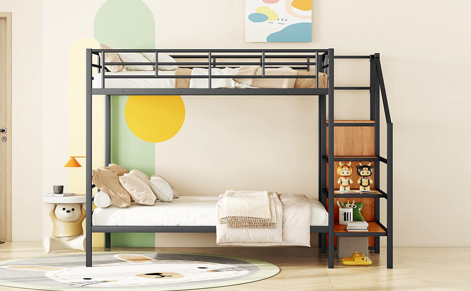Full Over Full Metal Bunk Bed with Lateral Storage Ladder and Wardrobe, Black - Atlantic Fine Furniture Melbourne FL