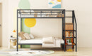 Full Over Full Metal Bunk Bed with Lateral Storage Ladder and Wardrobe, Black