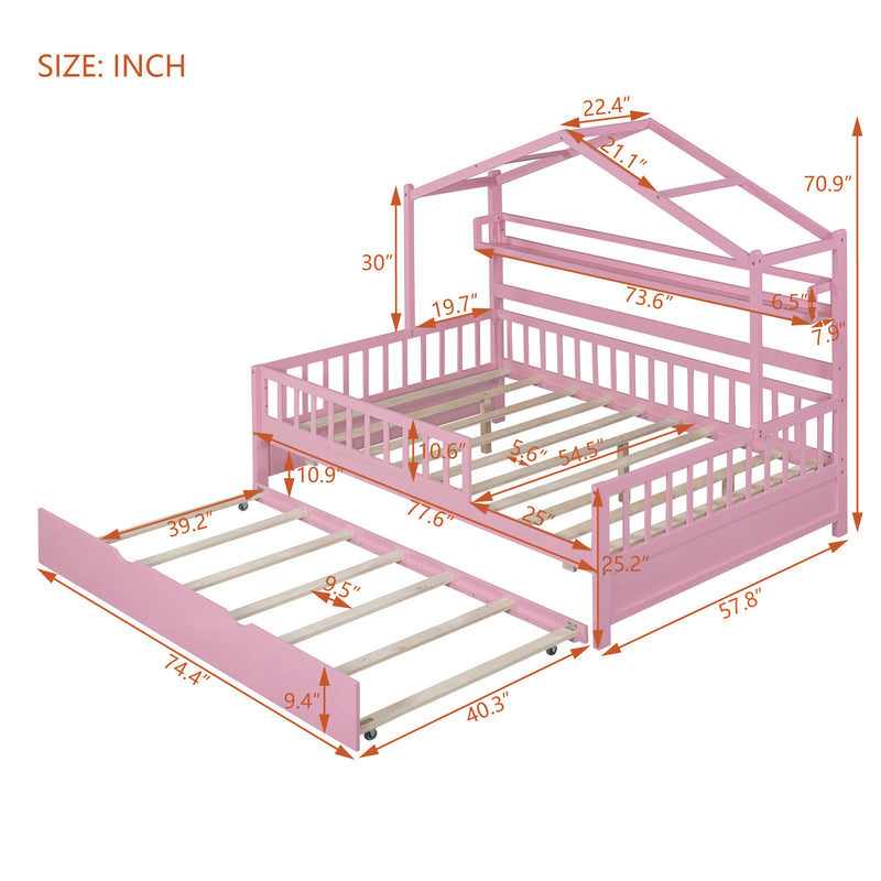 Wooden Full Size House Bed with Twin Size Trundle,Kids Bed with Shelf, Pink