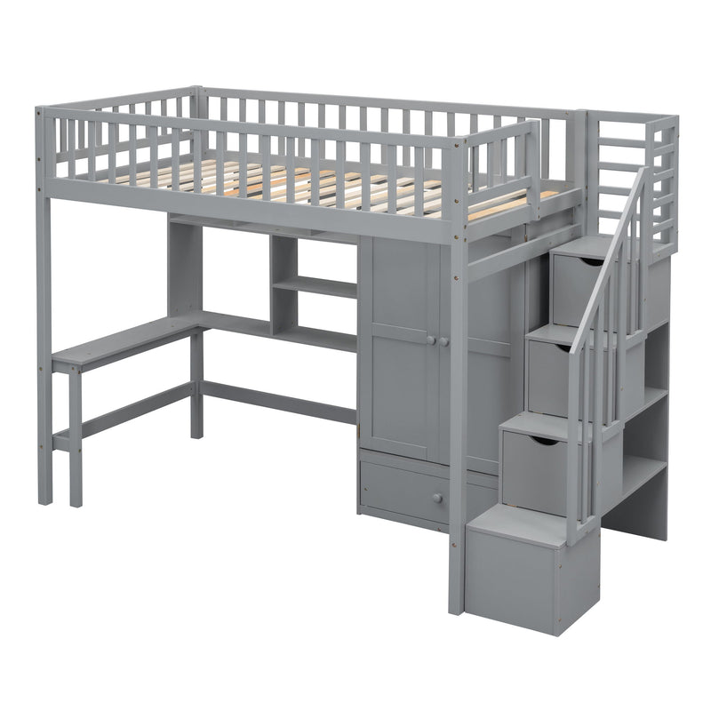 Twin Size Loft Bed With Bookshelf, Drawers, Desk, And Wardrobe - Gray