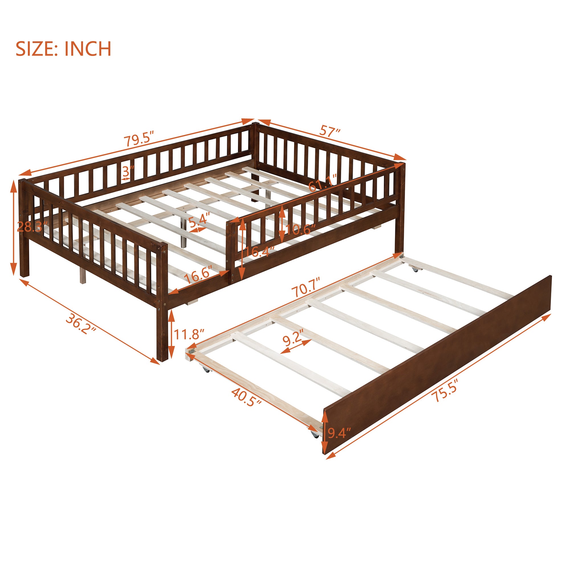 Full Size Wood Daybed with Trundle and Fence Guardrails, Walnut - Atlantic Fine Furniture Melbourne FL