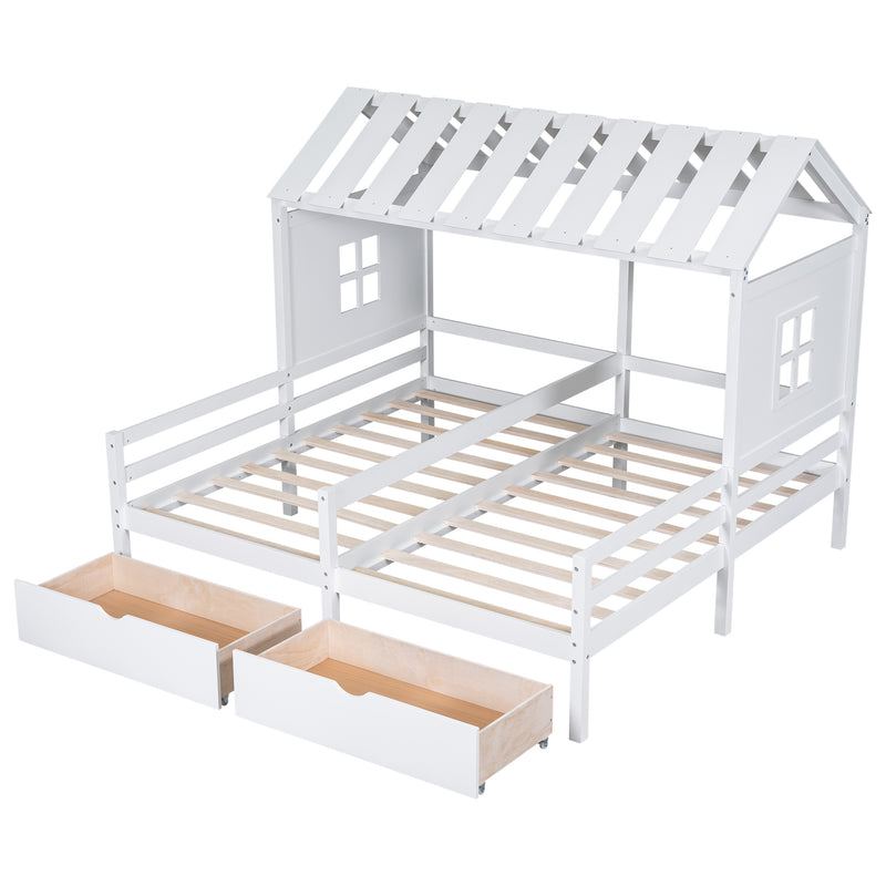 Twin Size House Platform Beds with Two Drawers for Boy and Girl Shared Beds, Combination of 2 Side by Side Twin Size Beds, White(old sku: GX000927AAK)