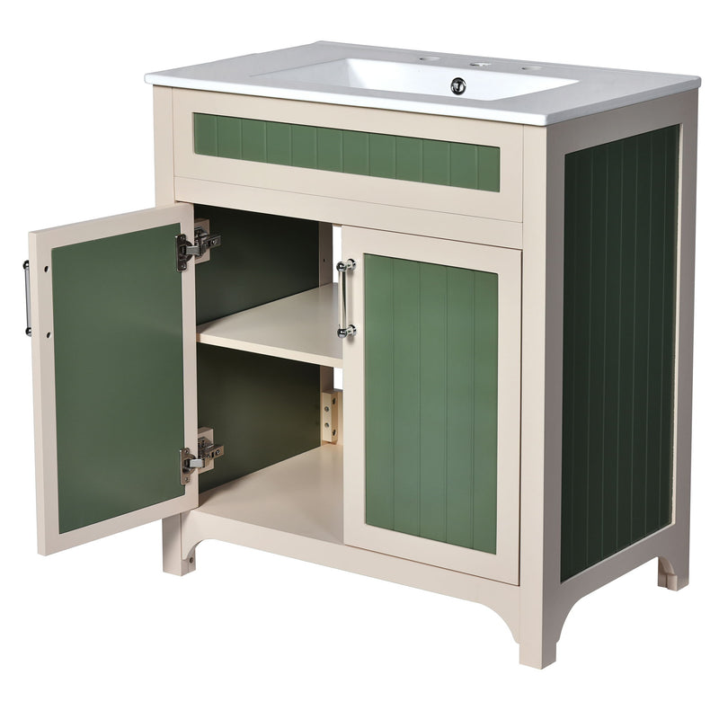 Bathroom Vanity Cabinet With Ceramic Sink Combo Set, Frame Modern Bathroom Storage Cabinet With Height Adjustable Shelf - Beige / Green