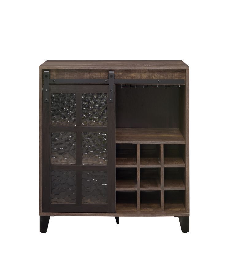 Treju - Wine Cabinet - Obscure Glass, Rustic Oak & Black Finish - Atlantic Fine Furniture Inc