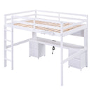 Full Size Loft Bed With Desk, Cabinets, Drawers, Charging Station And Bedside Tray, Sturdy Frame, No Box Spring Required - White