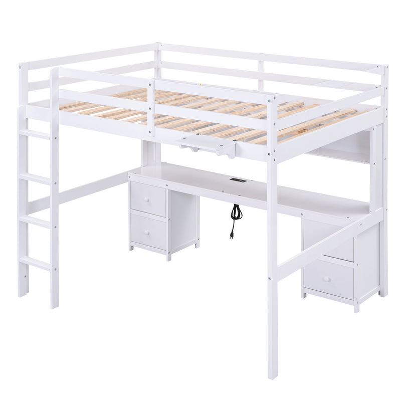 Full Size Loft Bed With Desk, Cabinets, Drawers, Charging Station And Bedside Tray, Sturdy Frame, No Box Spring Required - White