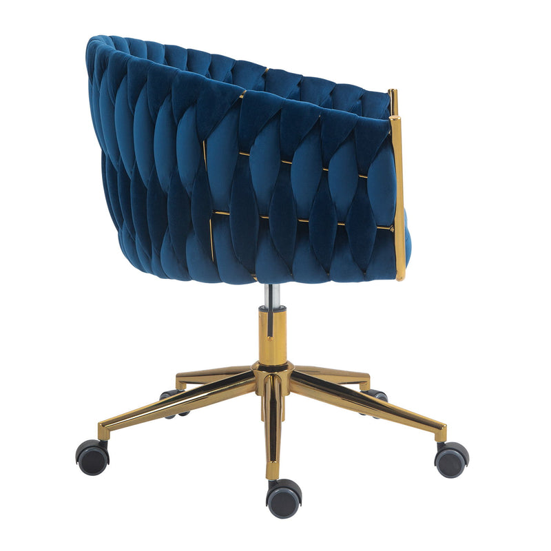 Woven Office Chair, Vanity Chairs With Wheels, Height Adjustable, 360 Degree Swivel For Bedroom, Living Room - Blue