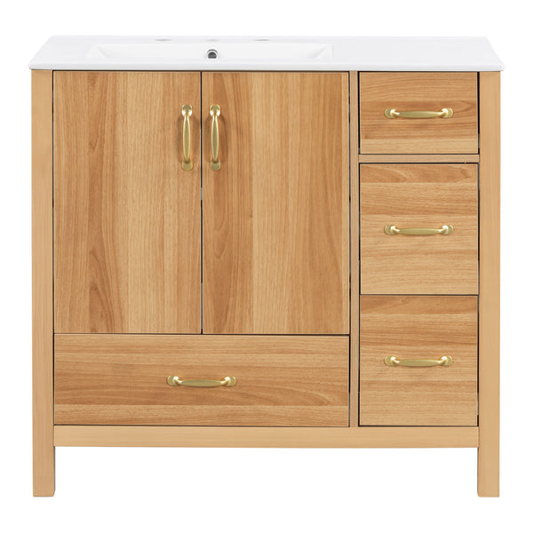 36" Bathroom Vanity, 2 Soft Close Doors, 4 Soft Close Drawers, Adjustable Shelf, Storage Cabinet - Acacia Wood