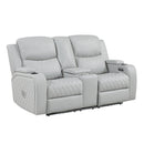 Elonzo - Power Motion Loveseat With Console, LED, Power Headrest & Speaker - Light Gray