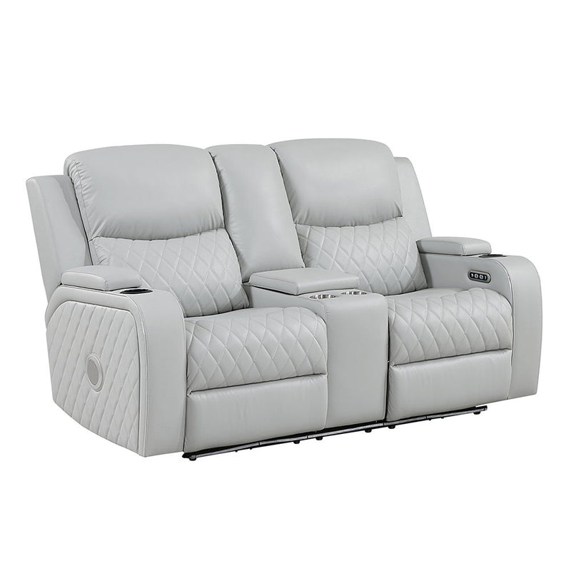 Elonzo - Power Motion Loveseat With Console, LED, Power Headrest & Speaker - Light Gray