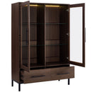 Modern Style Tall Display Cabinet With LED Lighting, Tempered Glass Door, 2 Drawers