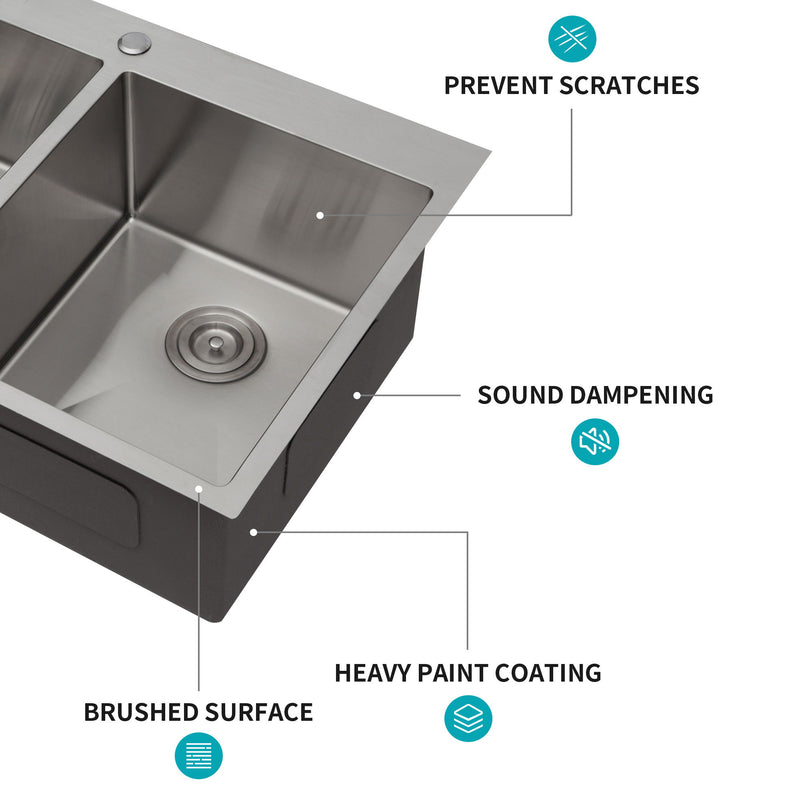 Double Bowl Drop In Sink, Stainless Steel With 50 / 50 Basins 18 Gauge - Brushed Nickel