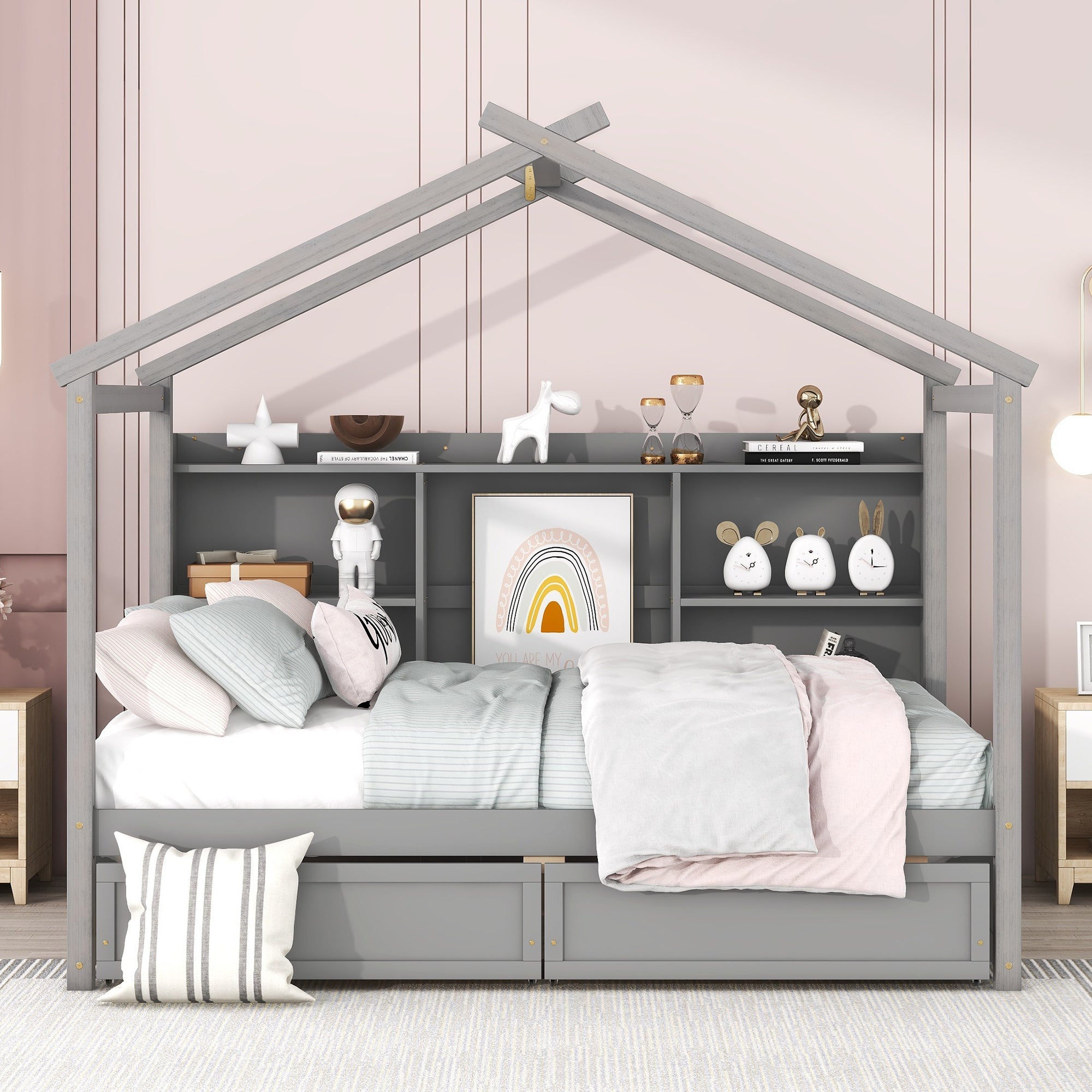 Full Size House Bed with Storage Shelves and 2 Drawers, Brushed Gray - Atlantic Fine Furniture Melbourne FL