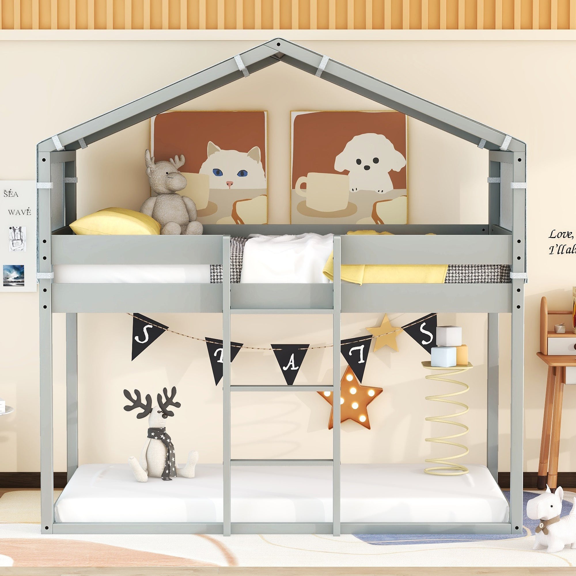 Twin Over Twin Bunk Bed Wood Bed with Tent, Gray - Atlantic Fine Furniture Melbourne FL