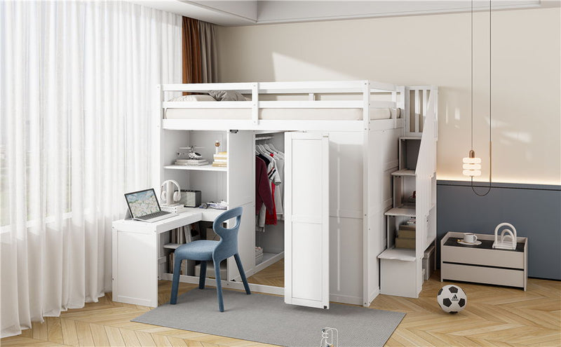 Loft Bed With Wardrobe, Desk And Shelves
